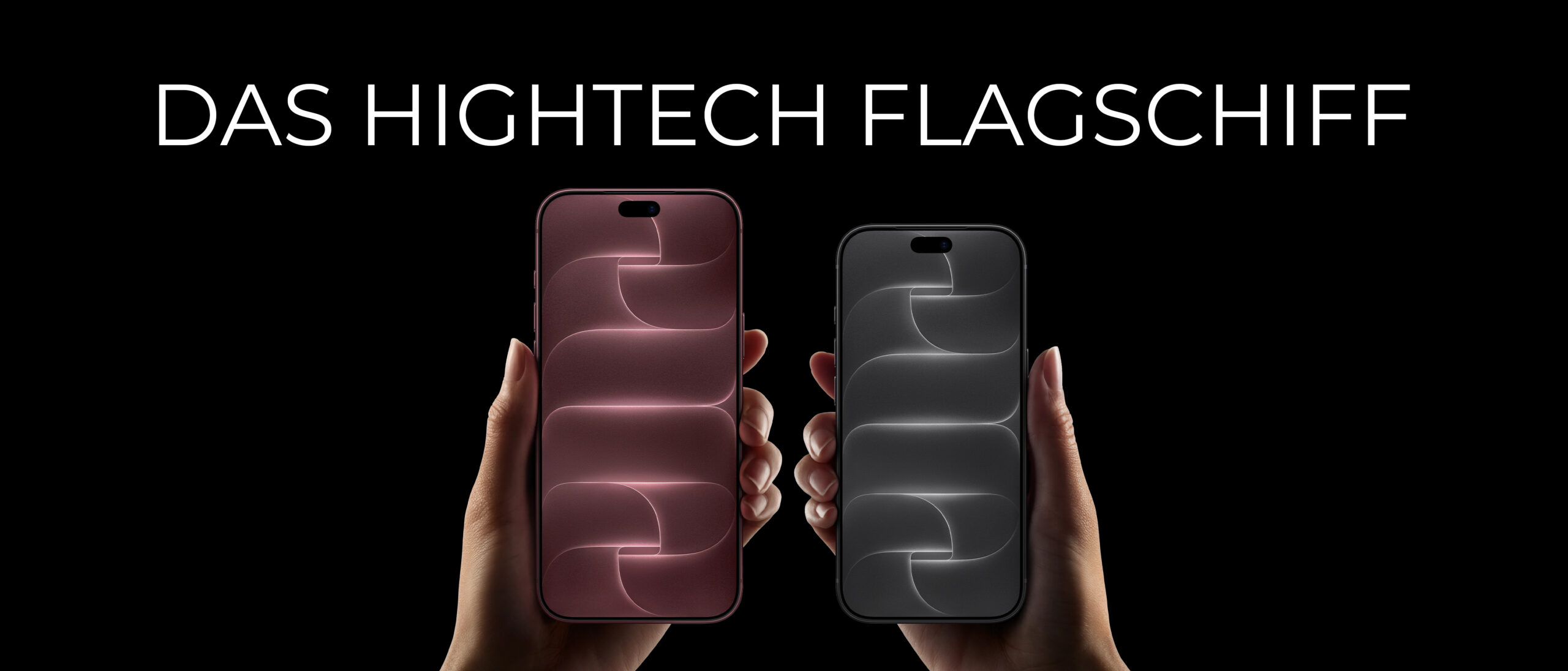 Zwei Hände halten zwei iPhone 18 Pro Smartphones vor schwarzem Hintergrund mit dem Schriftzug 'DAS HIGHTECH FLAGGSCHIFF'